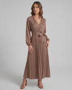 Elara Maxi Dress by Lauven — satin long sleeve V-neck A-line maxi dress with pleats and tie waist