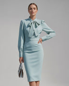 Celestine Midi Dress by Lauven — satin blend long sleeve bow neck pencil midi dress