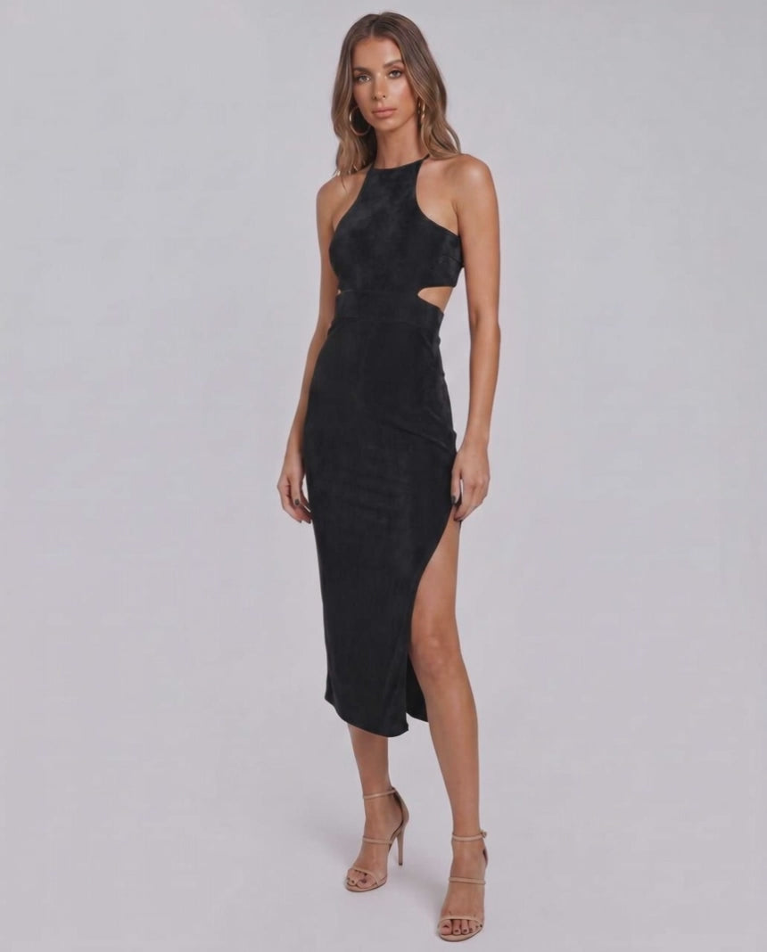 Sable Midi Dress by Lauven — suede-touch polyester blend sleeveless crew neck slim midi dress