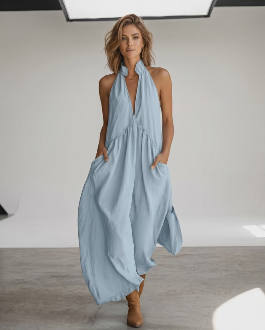 Aveline Maxi Dress by Lauven — lightweight sleeveless v neck halter loose maxi dress with pockets
