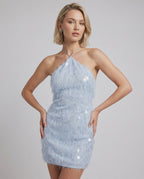 Lunelle Mini Dress with halter neck, textured surface, sequins, and bodycon silhouette from Lauven brand.