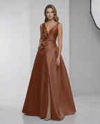 Valencia Maxi Dress - Satin A-Line V-Neck Floor-Length Evening Dress by Lauven in rich rust tone.