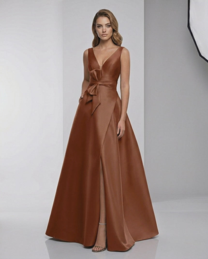 Valencia Maxi Dress - Satin A-Line V-Neck Floor-Length Evening Dress by Lauven in rich rust tone.