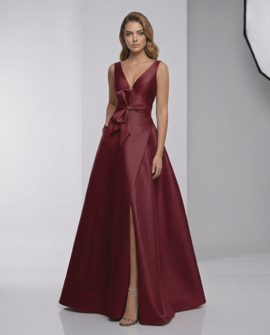 Valencia Maxi Dress - Burgundy Satin A-Line V-Neck Evening Dress by Lauven, featuring elegant silhouette and refined shine.