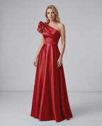 Aurevina Maxi Dress by Lauven — satin one shoulder A-line maxi dress with ruffle detail