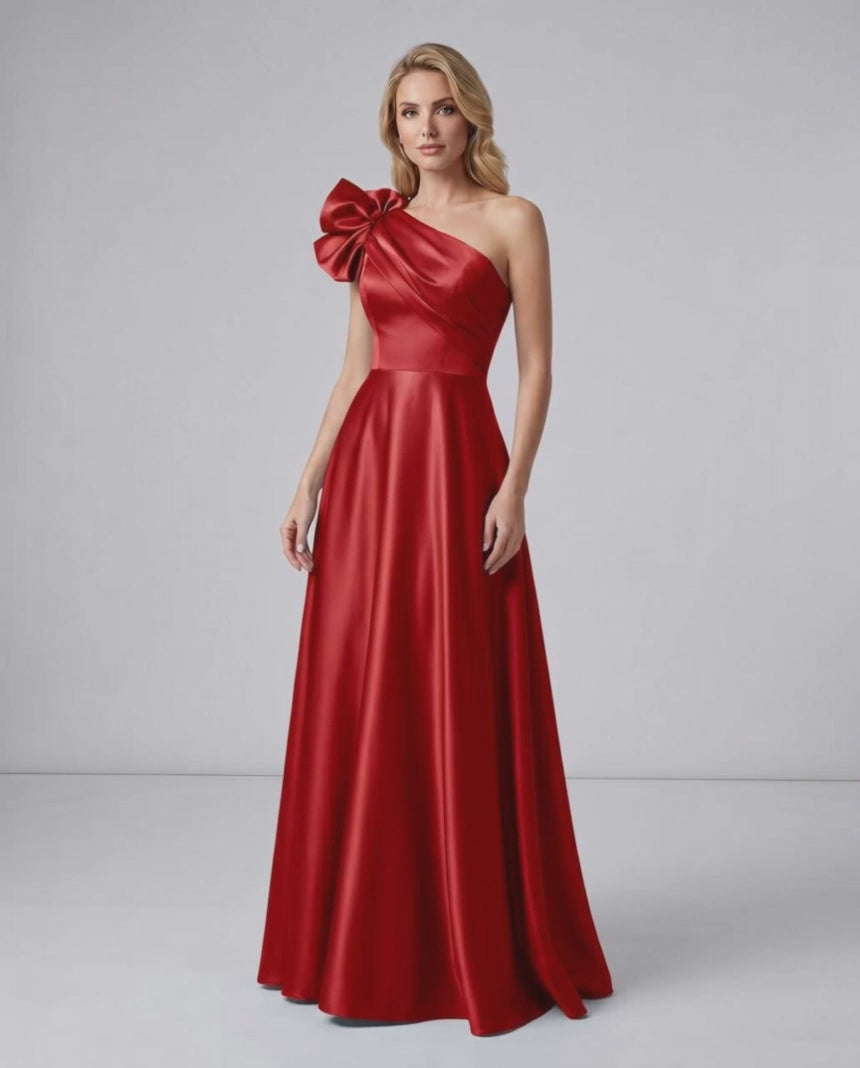 Aurevina Maxi Dress by Lauven — satin one shoulder A-line maxi dress with ruffle detail