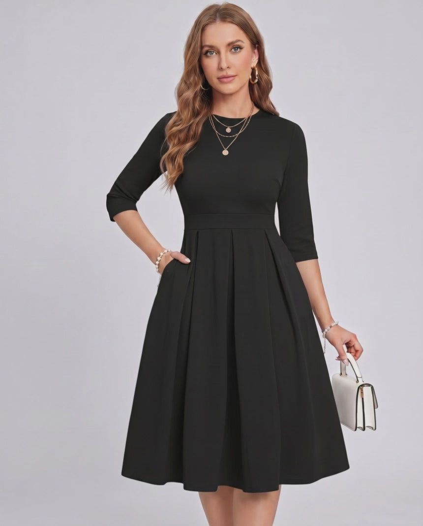 Aurielle Midi Dress by Lauven — polyester blend 3/4 sleeve crew neck A-line midi dress