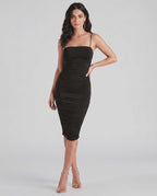 Velora Midi Dress by Lauven — smooth knit sleeveless square neck ruched slim midi dress