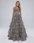 Seraphine Maxi Dress by Lauven — satin chiffon sleeveless sweetheart tiered A-line maxi dress