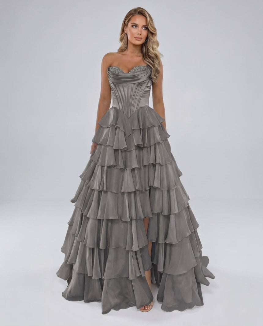 Seraphine Maxi Dress by Lauven — satin chiffon sleeveless sweetheart tiered A-line maxi dress