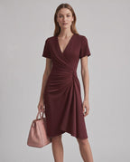 Veloura Midi Dress by Lauven — satin blend short sleeve V-neck wrap midi dress