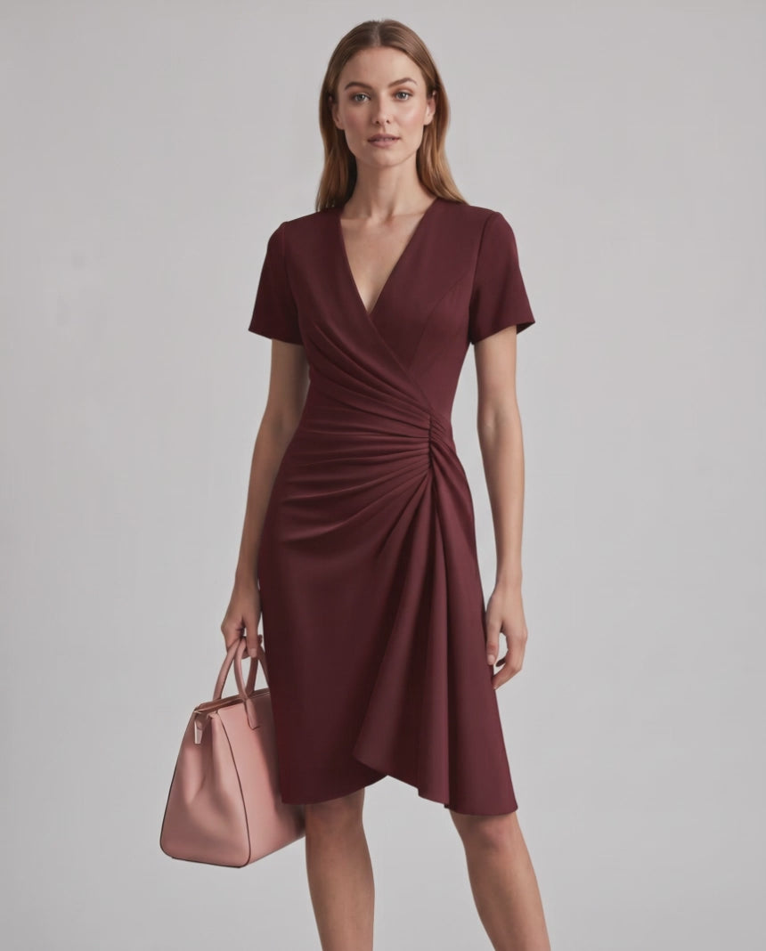 Veloura Midi Dress by Lauven — satin blend short sleeve V-neck wrap midi dress