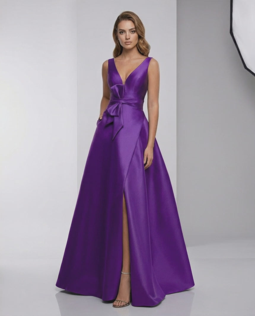Zafira Maxi Dress - Purple Satin A-Line V-Neck Evening Dress by Lauven, featuring a stunning silhouette and elegant design.
