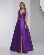 Zafira Maxi Dress - Purple Satin A-Line V-Neck Evening Dress by Lauven, featuring a stunning silhouette and elegant design.