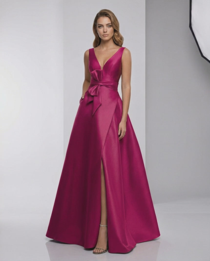 Calypso Maxi Dress - Fuchsia Satin Floor-Length Dress with V-Neck and A-Line Silhouette by Lauven