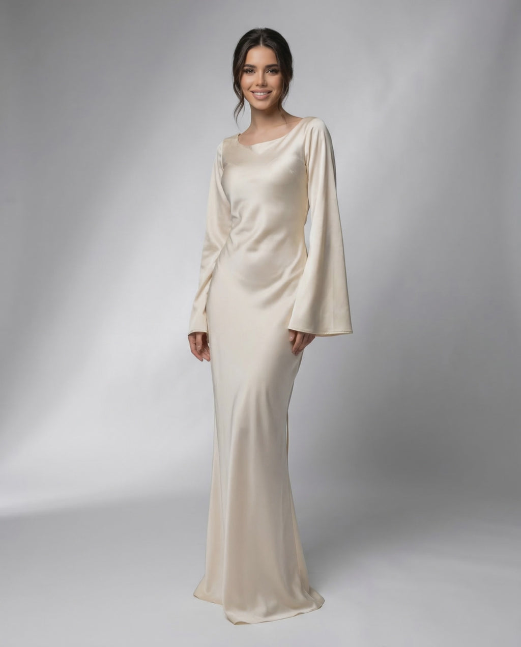 Liora Maxi Dress by Lauven, featuring a flowing silhouette, elegant bell sleeves, and luxurious satin fabric.
