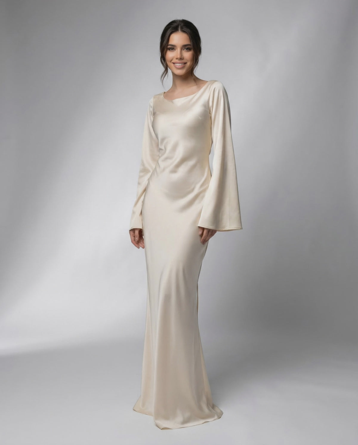 Liora Maxi Dress by Lauven, featuring a flowing silhouette, elegant bell sleeves, and luxurious satin fabric.