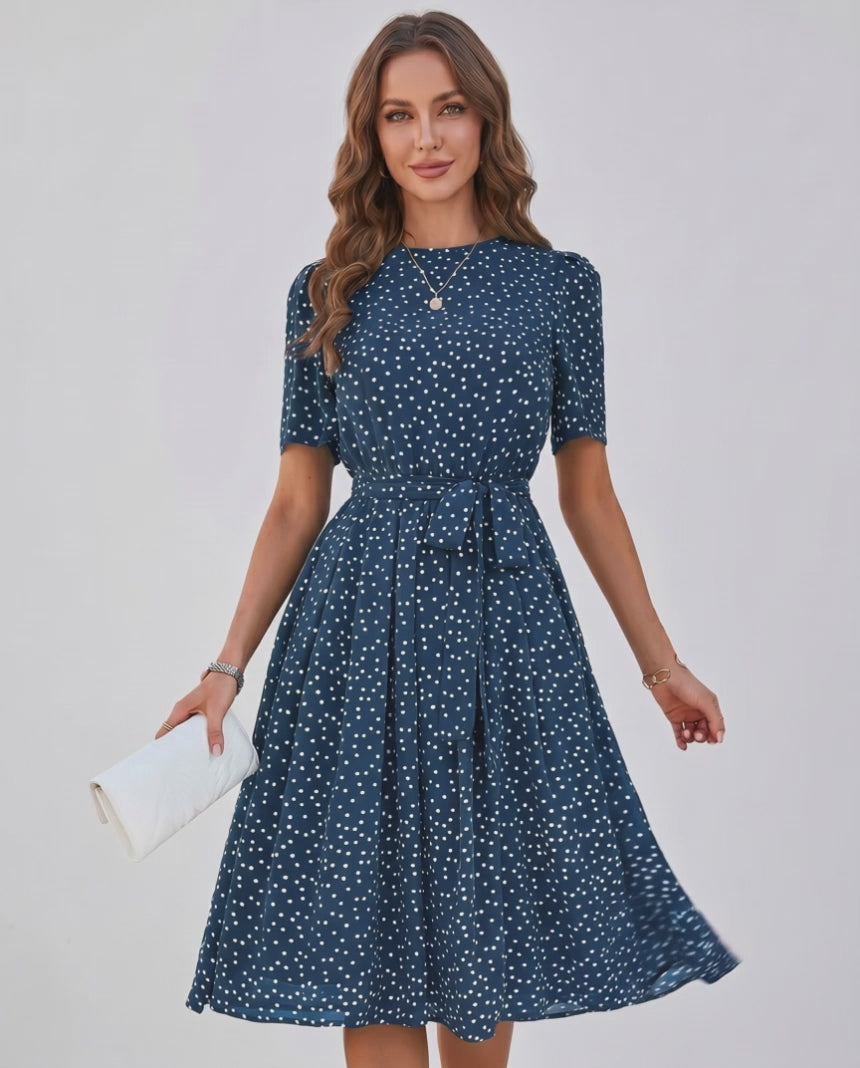 Veloura Midi Dress by Lauven — polka dot short sleeve o-neck A-line midi dress