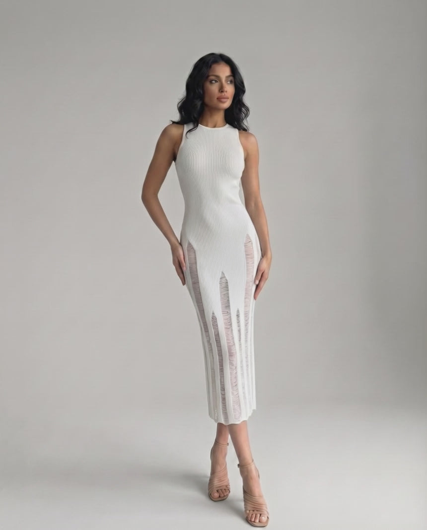 Alba Midi Dress - Elegant white bodycon design with a sleeveless silhouette from Lauven, enhancing modern sophistication.