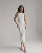 Alba Midi Dress - Elegant white bodycon design with a sleeveless silhouette from Lauven, enhancing modern sophistication.