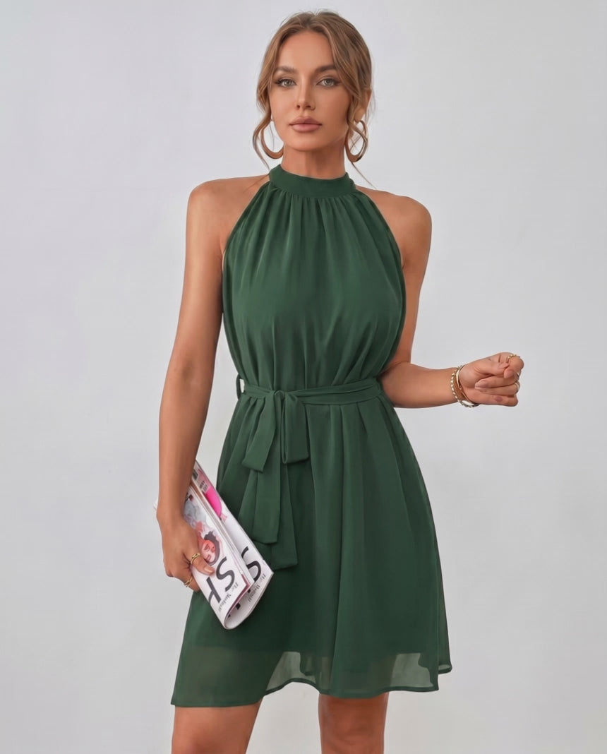 Aurelle Mini Dress by Lauven — chiffon sleeveless halter A-line mini dress