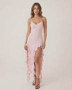 Seren Midi Dress by Lauven in Soft Pink with Ruffle Trim, showcasing feminine elegance and modern sophistication.
