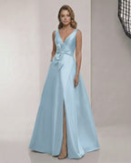 Aurevia Maxi Dress – Satin A-Line blue dress with V-neck, bow detail, and elegant floor-length skirt by Lauven.