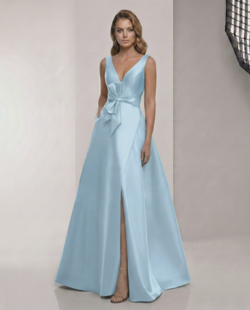 Aurevia Maxi Dress – Satin A-Line blue dress with V-neck, bow detail, and elegant floor-length skirt by Lauven.