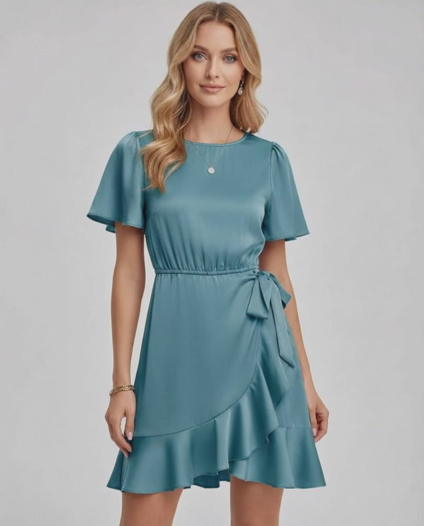 Lauven Luna Mini Dress featuring soft satin finish, ruffle hem, and teal shade, perfect for spring and summer.