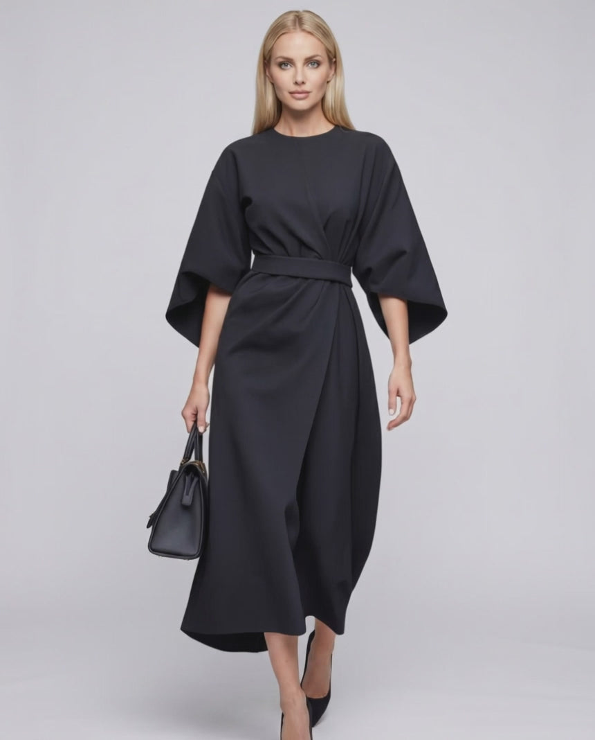 Celest Midi Dress by Lauven — breathable fabric lantern sleeve crew neck belted wrap midi dress