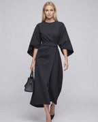 Celest Midi Dress by Lauven — breathable fabric lantern sleeve crew neck belted wrap midi dress