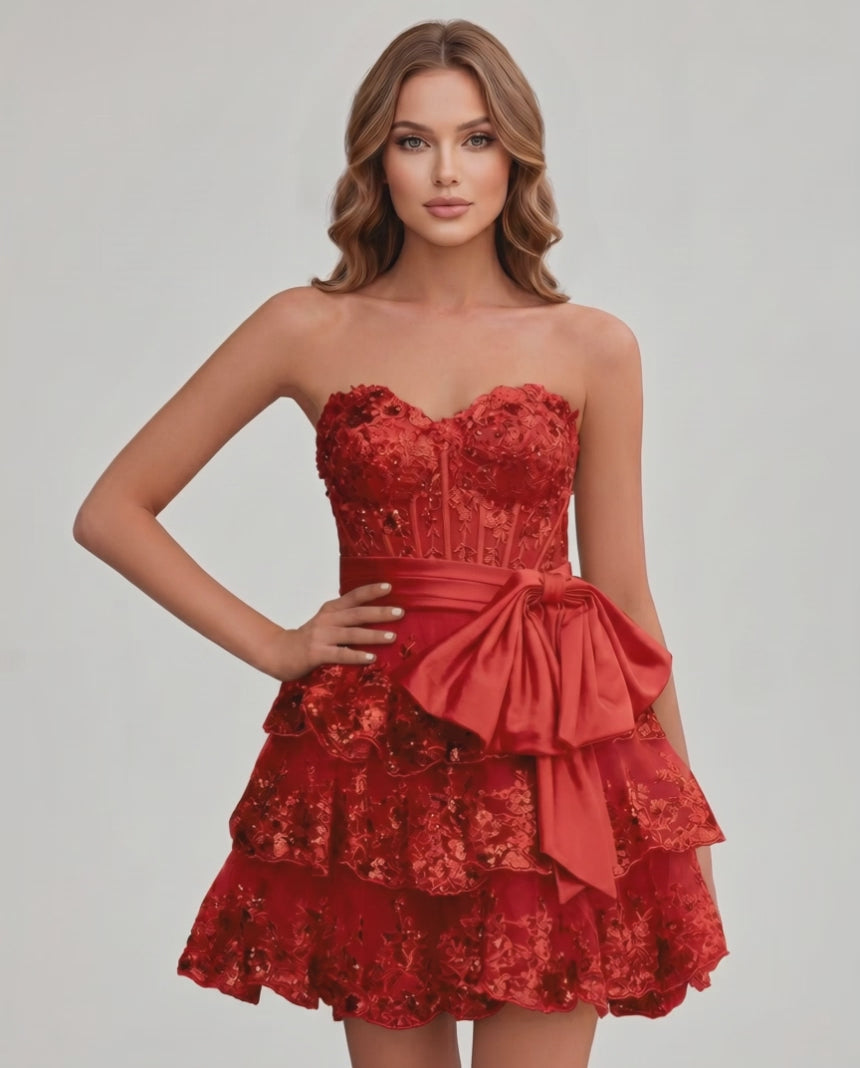 Veloura Mini Dress by Lauven — lace appliqué strapless sweetheart tiered mini dress