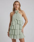Roselle Mini Dress by Lauven — chiffon sleeveless halter neck tiered mini dress