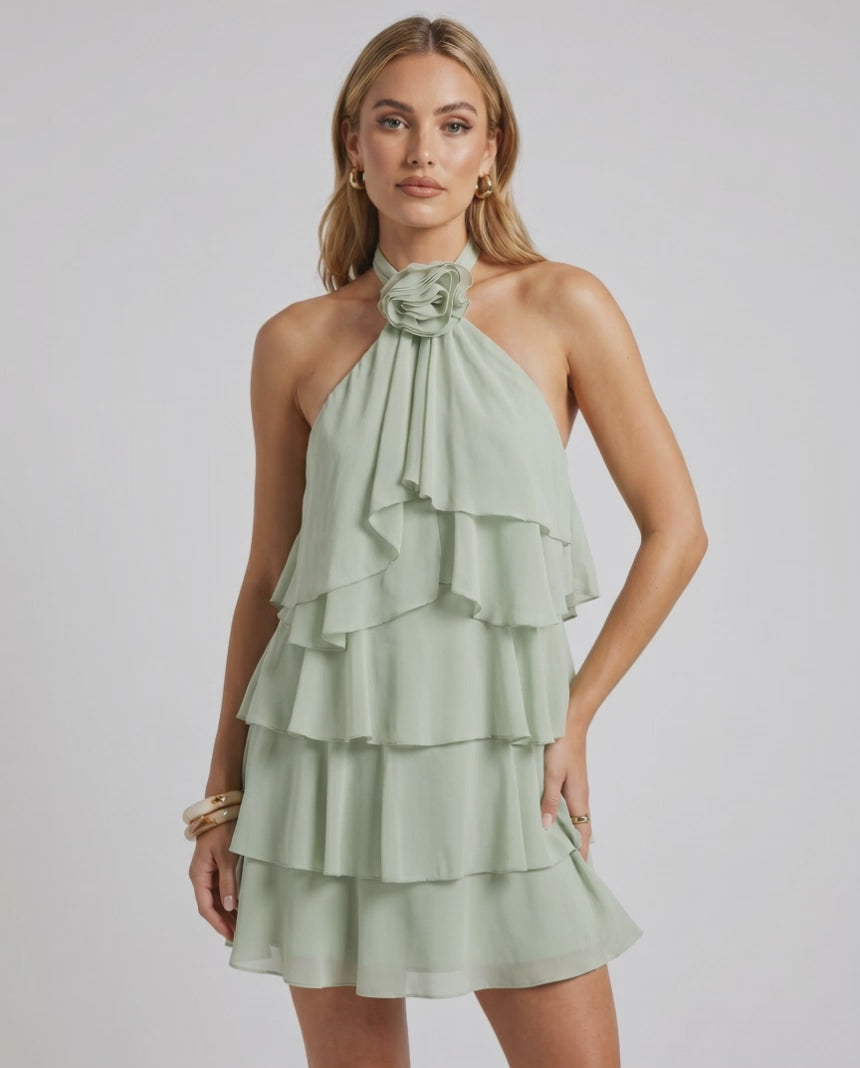 Roselle Mini Dress by Lauven — chiffon sleeveless halter neck tiered mini dress