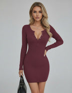 Sienna Mini Dress by Lauven – Elegant burgundy long sleeve bodycon mini dress with ribbed texture.