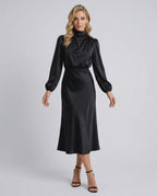 Lauven Monaco Midi Dress in black satin, high neck, elegant long sleeves, perfect for day to evening wear.