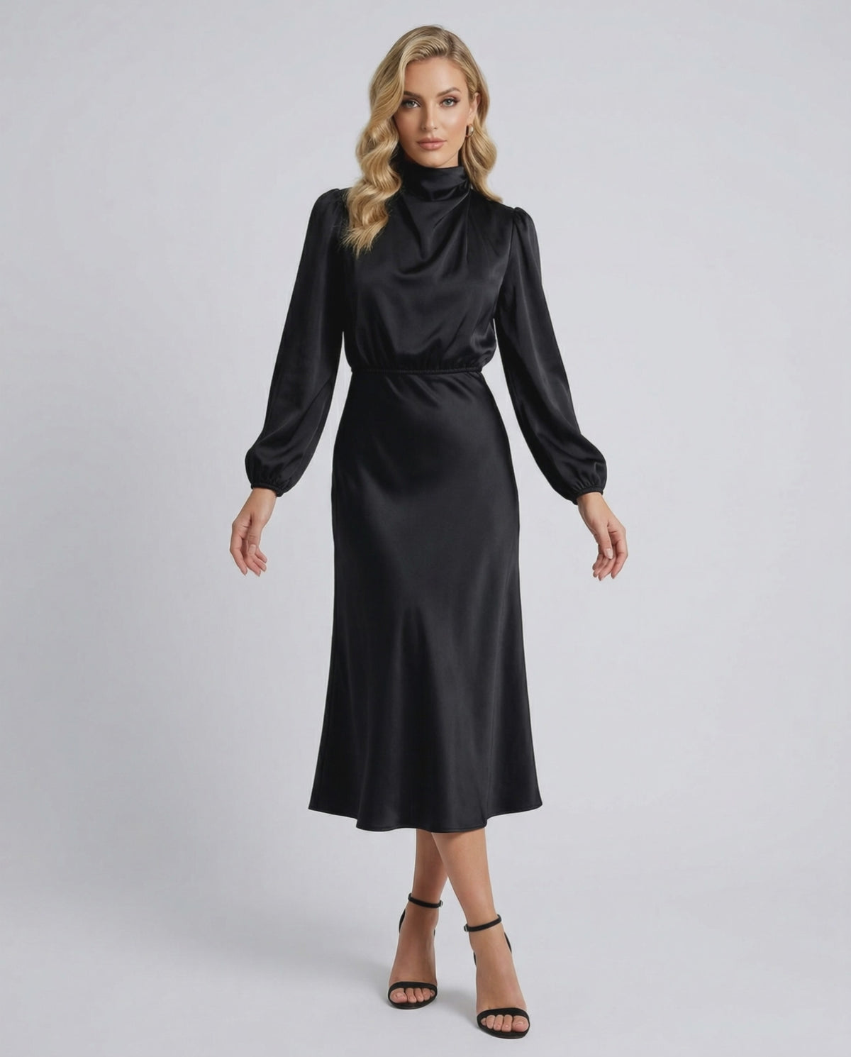 Lauven Monaco Midi Dress in black satin, high neck, elegant long sleeves, perfect for day to evening wear.