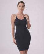 Lauven Aveline Mini Dress in black, featuring sleek ribbed knit, square neckline, and adjustable spaghetti straps.