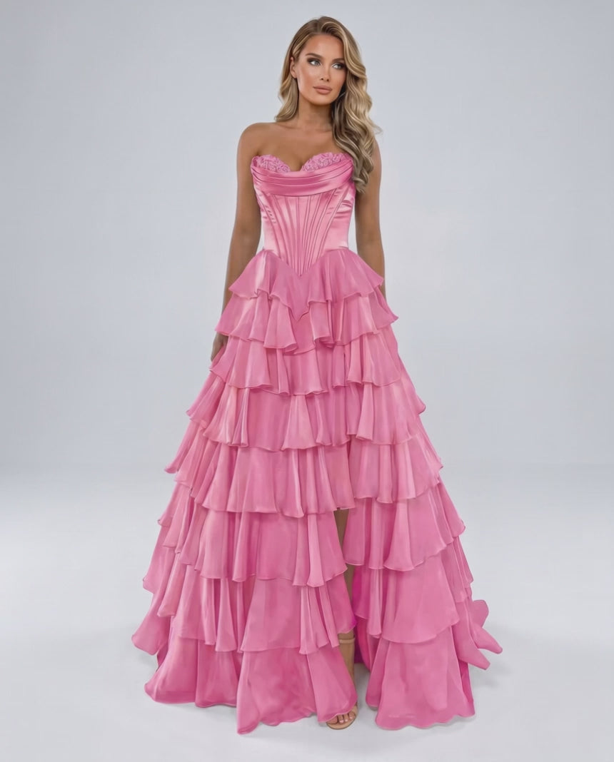 Seraphine Maxi Dress by Lauven — satin chiffon sleeveless sweetheart tiered A-line maxi dress