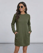 Celeste Mini Dress by Lauven - Olive Green Casual Sweatshirt Dress with Pockets and Relaxed Fit