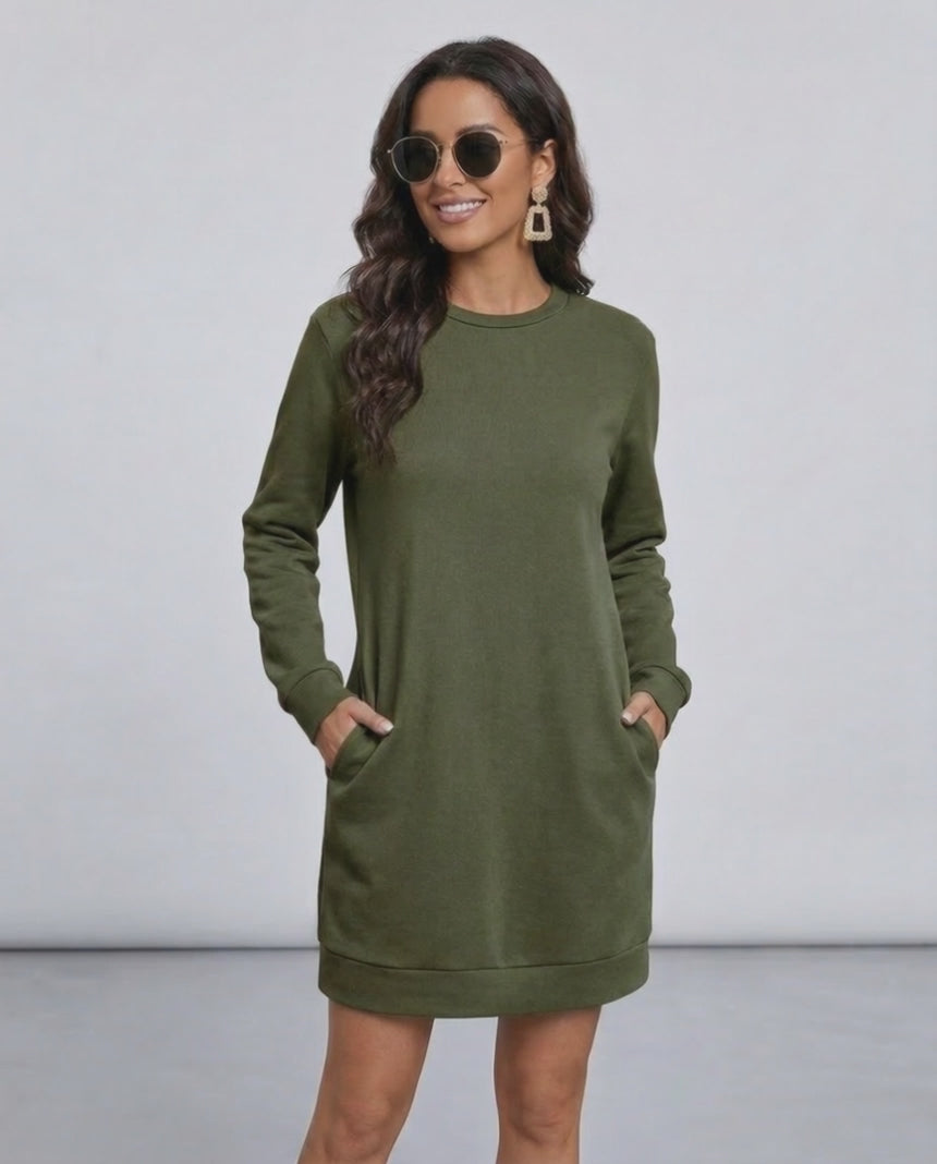 Celeste Mini Dress by Lauven - Olive Green Casual Sweatshirt Dress with Pockets and Relaxed Fit