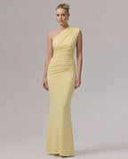 Aurelia Maxi Dress in yellow, one-shoulder design, stretch jersey, offers a sleek silhouette for elevated occasions by Lauven.
