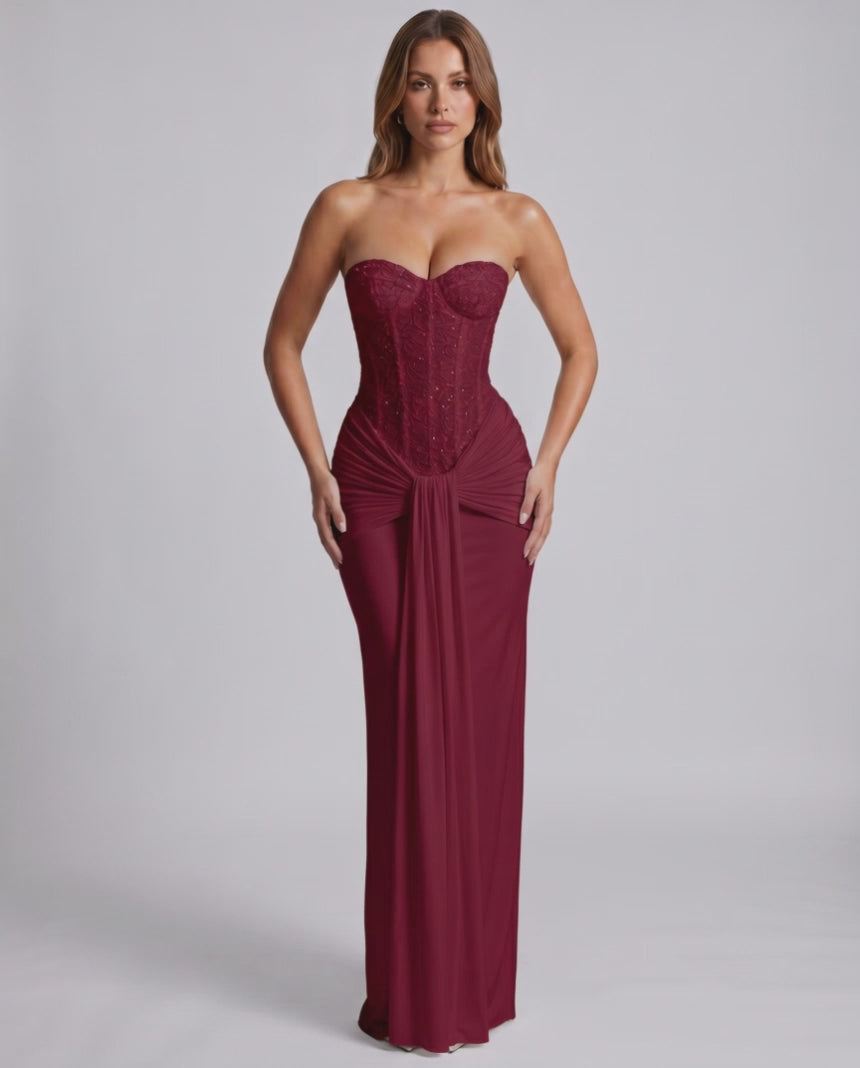 Serelisse Maxi Dress in burgundy, off-the-shoulder style, featuring a corset bodice and smooth polyester-spandex blend.