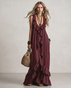 Solenne Maxi Dress by Lauven — chiffon sleeveless V-neck loose maxi dress with ruffle detail