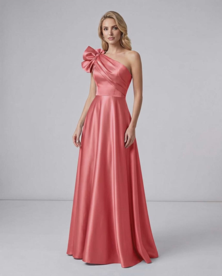 Aurevina Maxi Dress by Lauven — satin one shoulder A-line maxi dress with ruffle detail