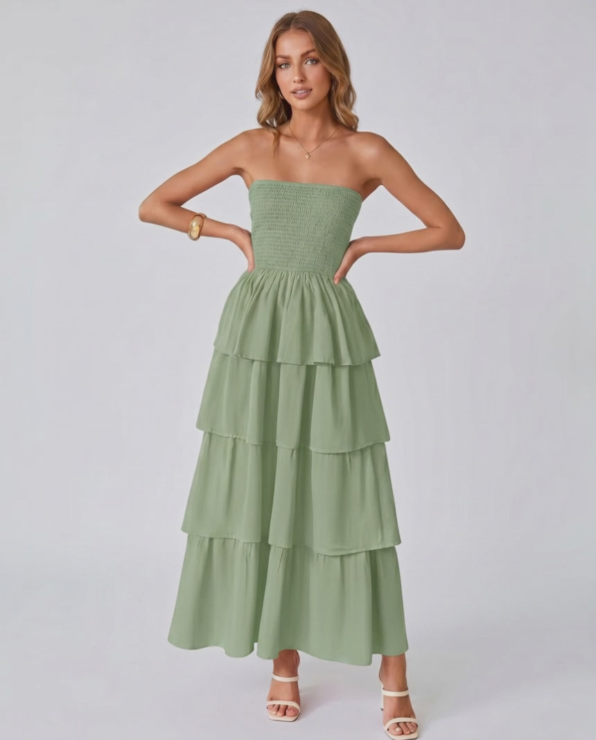 Solenne Maxi Dress by Lauven — lightweight sleeveless strapless tiered maxi dress