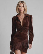 Veloura Mini Dress by Lauven — suede leather long sleeve turn-down collar ruched mini dress