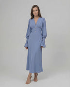 Celeste Midi Dress - Blue Midi Dress with long sleeves and V-neckline from Lauven, offering modern elegance and a flattering silhouette.