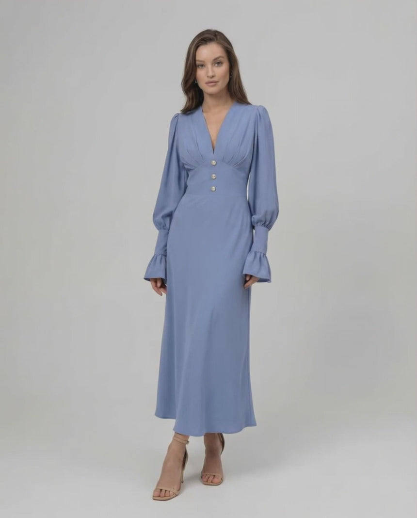 Celeste Midi Dress - Blue Midi Dress with long sleeves and V-neckline from Lauven, offering modern elegance and a flattering silhouette.