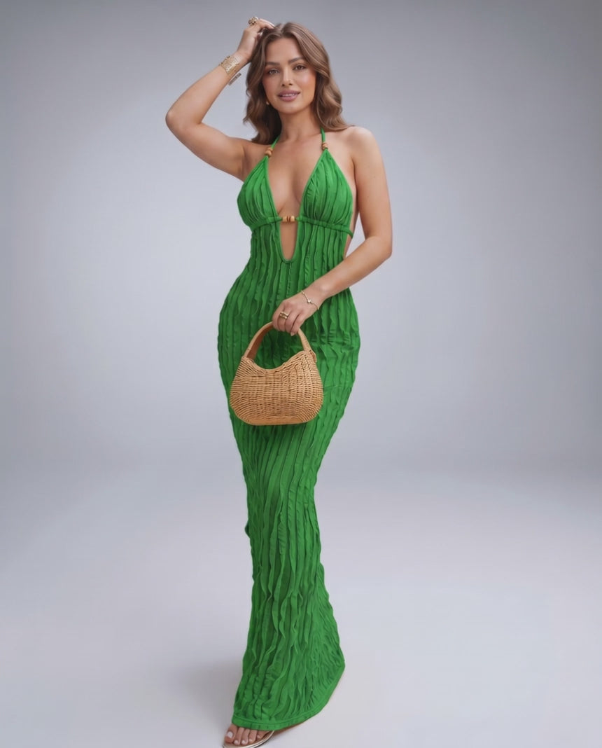 Lunara Maxi Dress in green, textured polyester blend, halter V-neck, perfect for warm weather and elegant occasions.